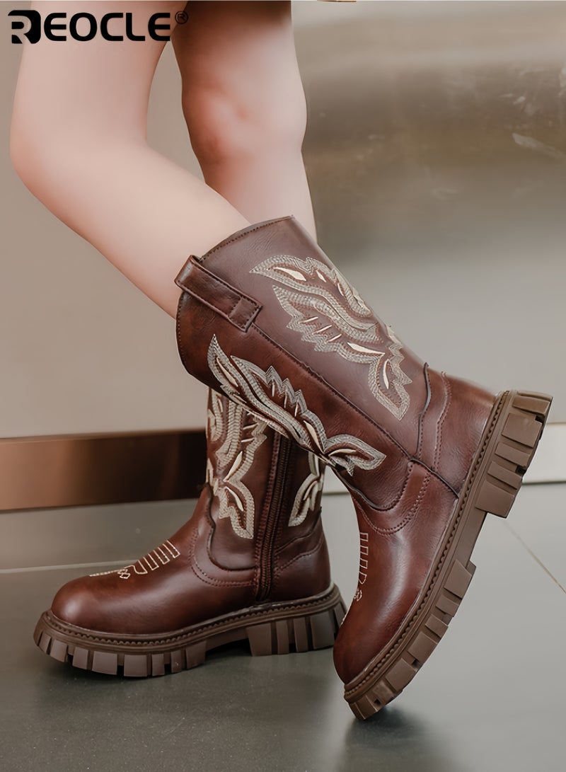 REOCLE Girl's Western Boots with Embroidered Cowgirl Design and Mid Calf Height Cowboy Riding Boots with Durable Construction for Little Big Kid Wear - Image 4